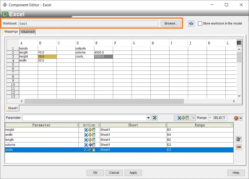 Excel 组件配置界面及自动生成的变量