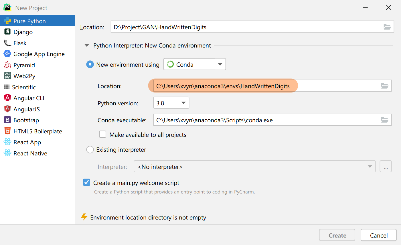 PyCharm 创建项目配置界面