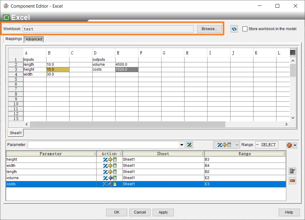 Excel 组件配置界面及自动生成的变量