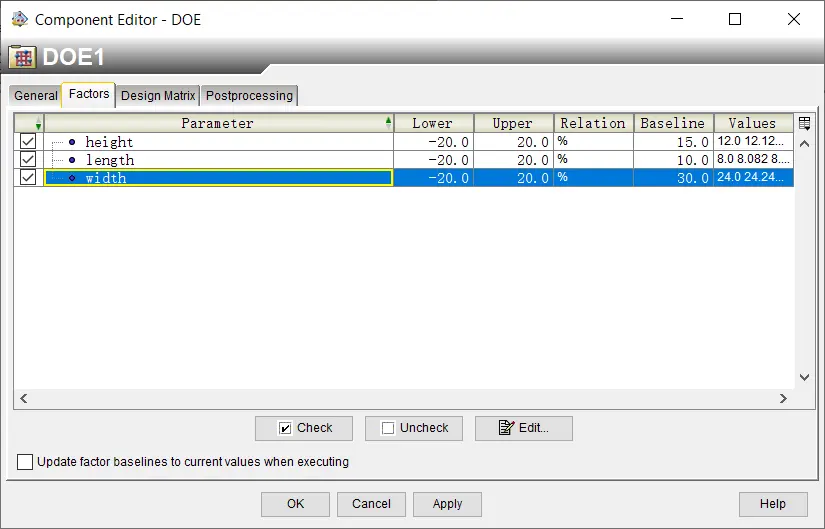DOE 输入参数配置界面