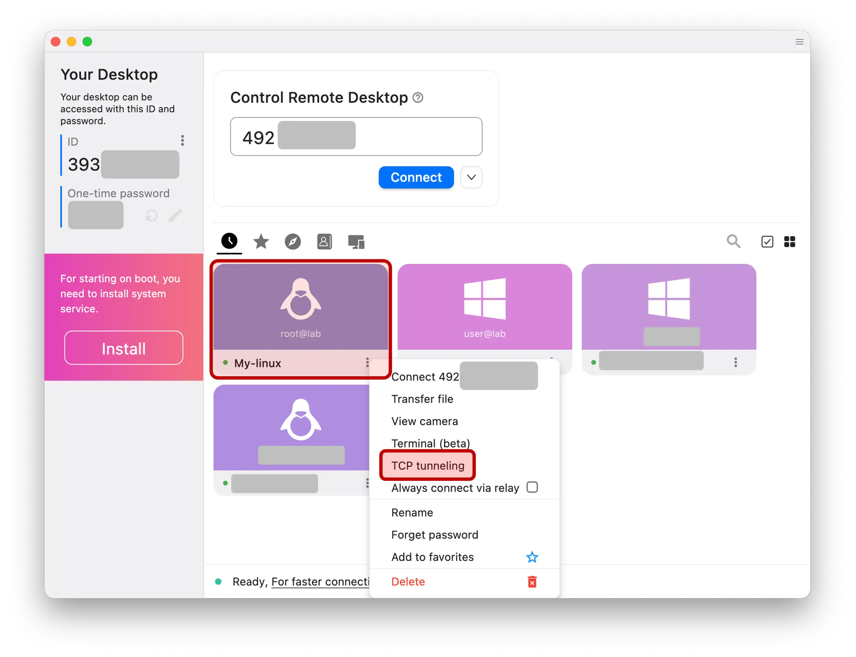 RustDesk 已添加设备中的 TCP Tunneling 按钮
